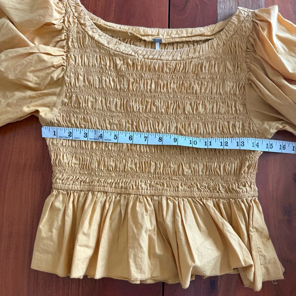 Free People Mustard Smocked Peplum Puff Sleeve Top